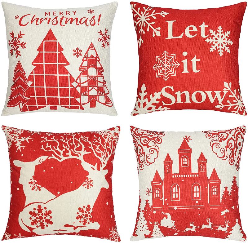 Photo 1 of Christmas Pillow Covers 18x18 Inches Christmas Decorations Set of 4 Xmas Series Cushion Pillow Cover Zippered Pillow Case for Sofa Couch Christmas Home Decorations Throw Pillow Covers (Red)
