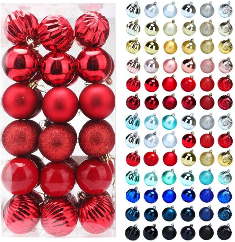 Photo 1 of 36pcs Red Christmas Balls Ornaments for Xmas Tree, 60mm/2.4" Plastic Shatterproof Christmas Ornaments Ball Colored and Glitter Christmas Party Decoration with Hooks(Red, 2.4 inch)
