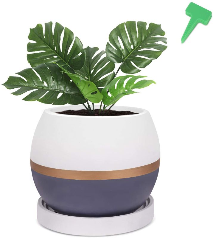 Photo 1 of CEED4U 5.1 Inches Modern Cement Planter Flower Pots with 15 Pcs Plant Labels, Home Décor Plant Pot with Saucer for Indoor and Outdoor Plants
