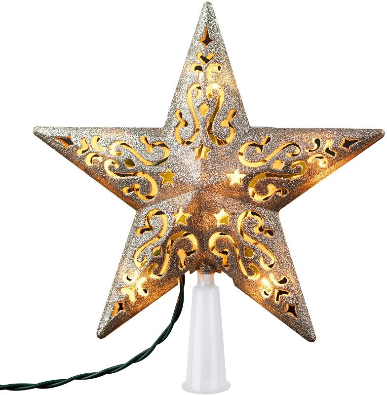 Photo 1 of Christmas Star Tree Topper Lighted 8” Hollowed 3D Pentagram Built-in 10 Bulbs Silver Coated Star Treetop Plug in (4 Bulbs & 2 Fuses Spare) for Christmas Decorations Clear Light
