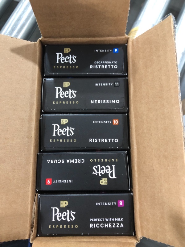 Photo 1 of Peet's Coffee Espresso Capsules Variety Pack, 50 Count Single Cup Coffee Pods, Compatible with Nespresso Original Brewers, Crema Scura, Decaffeinato Ristretto, Nerissimo, Ricchezza, Ristretto- BEST BY 01/2022
