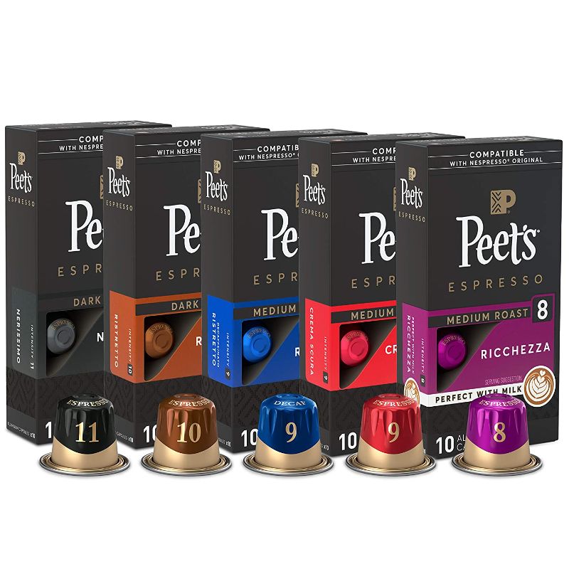 Photo 1 of Peet's Coffee Espresso Capsules Variety Pack, 50 Count Single Cup Coffee Pods, Compatible with Nespresso Original Brewers, Crema Scura, Decaffeinato Ristretto, Nerissimo, Ricchezza, Ristretto- BEST BY 01/2022
