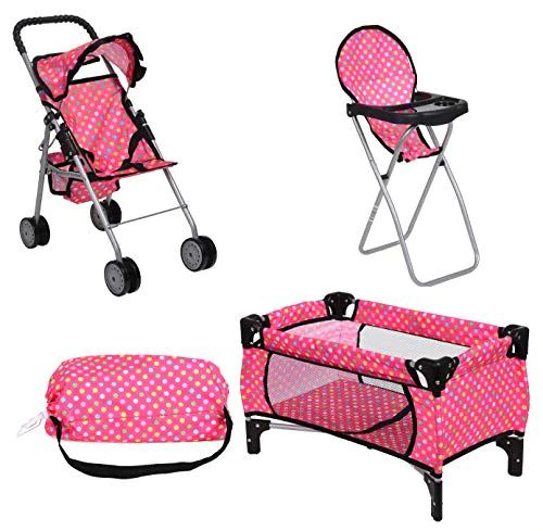 Photo 1 of Fash N Kolor Doll Play Set 3 In 1 Doll Set, 1 Pack N Play. 2 Doll Stroller 3.Doll High Chair. Fits Up To 18'' Doll (Polka DOT)
