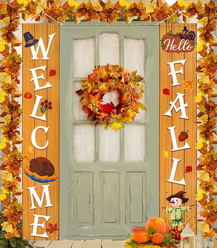 Photo 1 of 2 PACK- Thanksgiving Fall Porch Decor, Fall Decorations Outdoor for Home, Thanksgiving Fall Banner with Pumpkin Turkey for Front Garden Yard Indoor Harvest Thanksgiving Party Door Decorations

