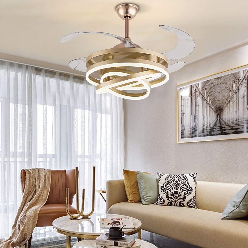 Photo 1 of 42 Inch Retractable Ceiling Fans With Lights, Geometric Rings Circled Hanging Ceiling Fan With Lights Remote Control, 3 Colors 3 Speed Ceiling Fan With Light Invisible Blades Chandelier Ceiling Fan (Gold)
