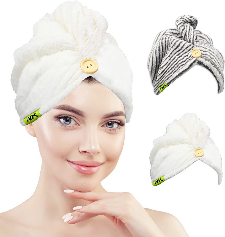 Photo 1 of WK Microfiber Hair Towel for Women - Ultra Absorbent Quick Dry Hair Turban, Original Magic Instant Hair Towel Wrap for Drying Wet Hair, 2 Pack 25 x 10 Inch (White & Stripe)