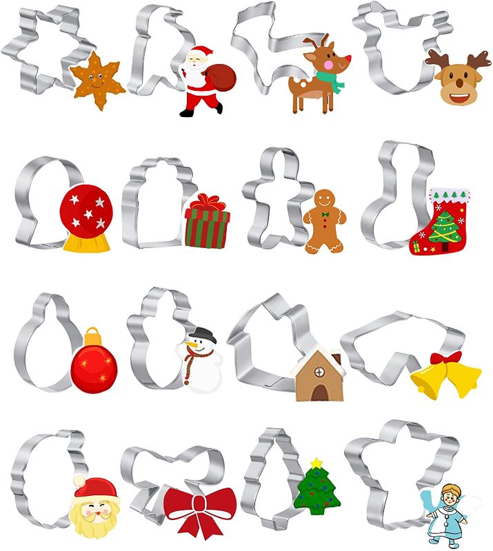 Photo 1 of 16 Pcs Christmas Cookie Cutters Set-Gingerbread Men, Snowflake, Reindeer, Angel, Christmas Tree, Snowman, Santa Face and More Cookie Cutters molds