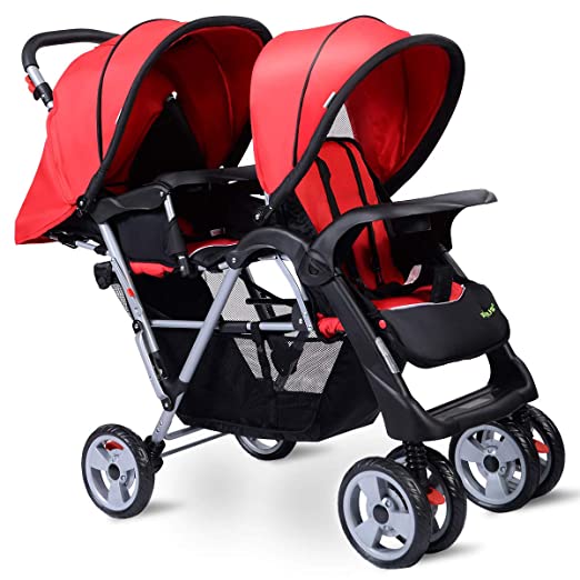 Photo 1 of Lightweight Double Stroller with Tandem Seating, Easy Folding Stroller for Toddlers or Twins with Multiple Seating Options, Includes Large Storage Basket, Two Child Trays (red)
