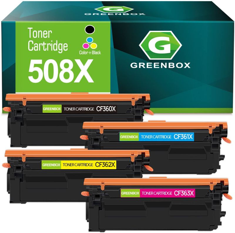 Photo 1 of GREENBOX Compatible 508X High-Yield Toner Cartridge Replacement for HP 508X CF360X 508A CF361X CF362X CF363X for Color Enterprise M553dn M553n M553x M552dn Printer (1 Black 1 Cyan 1 Yellow 1 Magenta)
