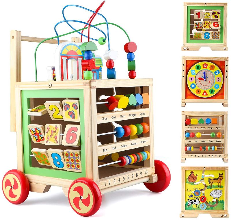 Photo 1 of Gemileo Wooden Activity Cube Center Toys with Bead Maze Clocks Shape Sorter Abacus 6 in 1 Learning Educational Toys Birthday Gifts for Toddlers Kid12 Month 1st Girls Boys
