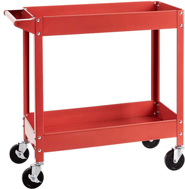 Photo 1 of Amazon Basics Steel 2-Shelf Multipurpose Tub Utility/Supply Cart with 400-Pound Capacity - Red
