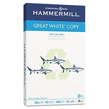 Photo 1 of Hammermill Great White Recycled Copy Paper 92 Brightness 20lb 8-1/2 X 14 500 Shts/Ream 86704
