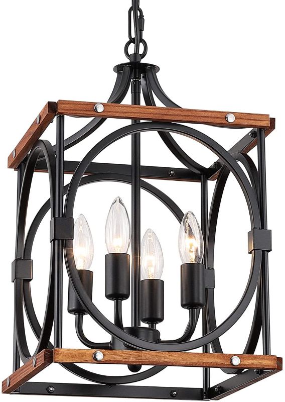 Photo 1 of 4-Light Chandelier, Rustic Adjustable Industrial Wood & Metal Ceiling Light Fixture for Kitchen Dining Island Entryway, Black
