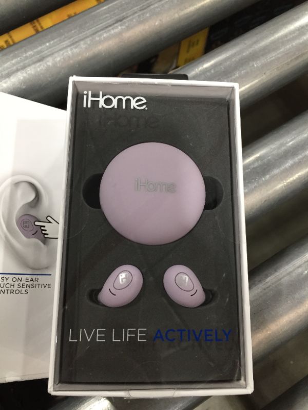 Photo 2 of iHome Wireless Earbuds with Charging Case, Water Resistant Bluetooth Earphones with Microphone and Touch Control, Purple
