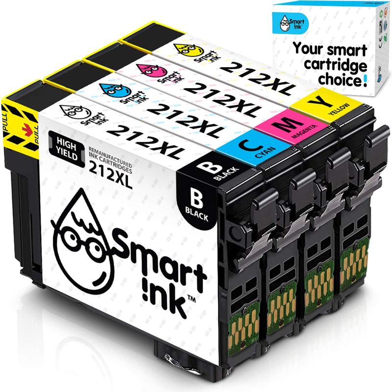 Photo 1 of Smart Ink Remanufactured Ink Cartridge Replacement for Epson 212 212XL T212 XL to use with XP-4100 XP-4105 WF-2830 WF-2850 (Black & C/M/Y Combo Pack)
