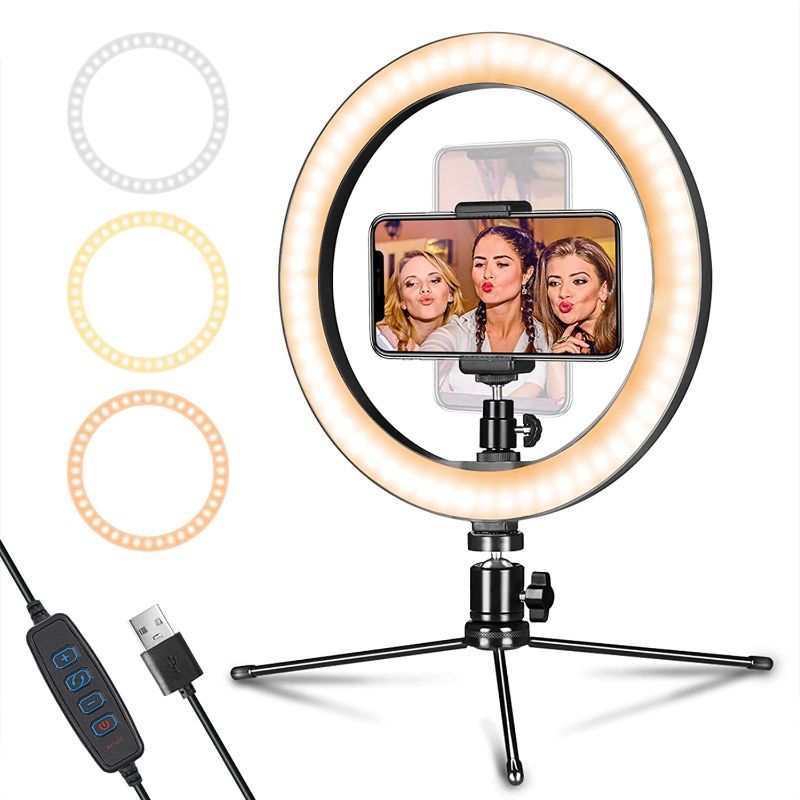 Photo 1 of LED Ring Light 10" with Tripod Stand & Phone Holder for Live Streaming & YouTube Video, Dimmable Desk Makeup Ring Light for Photography, Shooting with 3 Light Modes & 10 Brightness Level
