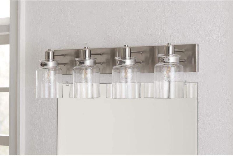 Photo 2 of Calhoun Collection 4-Light Clear Glass Farmhouse Bath Vanity Light Brushed Nickel
