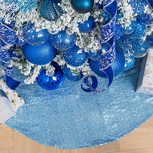 Photo 1 of 48 Inch Christmas Tree Skirt Baby Blue Sequin Tree Skirt Round Sparkle Fabric Xmas Tree Skirt Mat for Holiday Decorations
