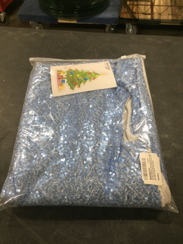 Photo 2 of 48 Inch Christmas Tree Skirt Baby Blue Sequin Tree Skirt Round Sparkle Fabric Xmas Tree Skirt Mat for Holiday Decorations
