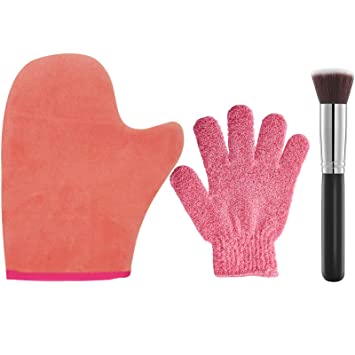 Photo 1 of 3 Pack Self Tanning Mitt Applicator Kit Set, with Tanning Glove, Exfoliating Mitt, Tanning Brush, for Self Sunless Tan, Fake Bake Tanning Applicator (Pink)
