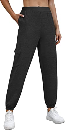 Photo 1 of OFEEFAN Womens Joggers Elastic Waist Pants with Pockets Running Outdoors Dark Grey L
