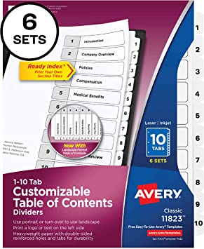 Photo 1 of Avery 10 Tab Dividers for 3 Ring Binders, Customizable Table of Contents, Classic White Tabs, 6 Sets (11823)

