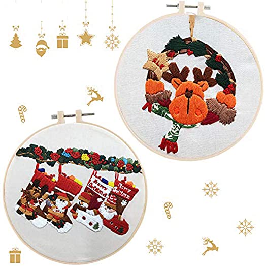 Photo 1 of 2 Sets Christmas Embroidery Cross Stitch Starter Kit Christmas Pattern Embroidery Cloth Plastic Embroidery Hoop Color Threads and Tools Kit for Xmas Embroidery Supplies Beginners (2 Patterns)
