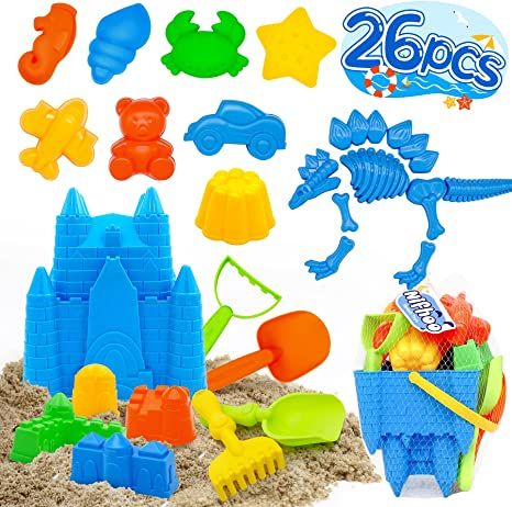 Photo 1 of Nifhoo 26 Pcs Beach Toys, Quality Sand Toy Set, Sand Molds Sandbox Toys Kit for Kids, Castle Bucket, Dinosaur, Shovels & Rakes, Animal Molds, for 3 4 5 Year Old Girls Boys Outdoor Indoor Play Gift.