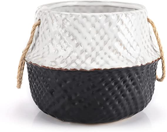 Photo 1 of 7.7 Inch Ceramic Plant Pot, Indoor Planter. Decorative Flower Pot for Indoor Plants, Woven Seagrass Belly Basket Ceramic Planter for All Indoor Plants, Succulents, Flowers, White/Black 