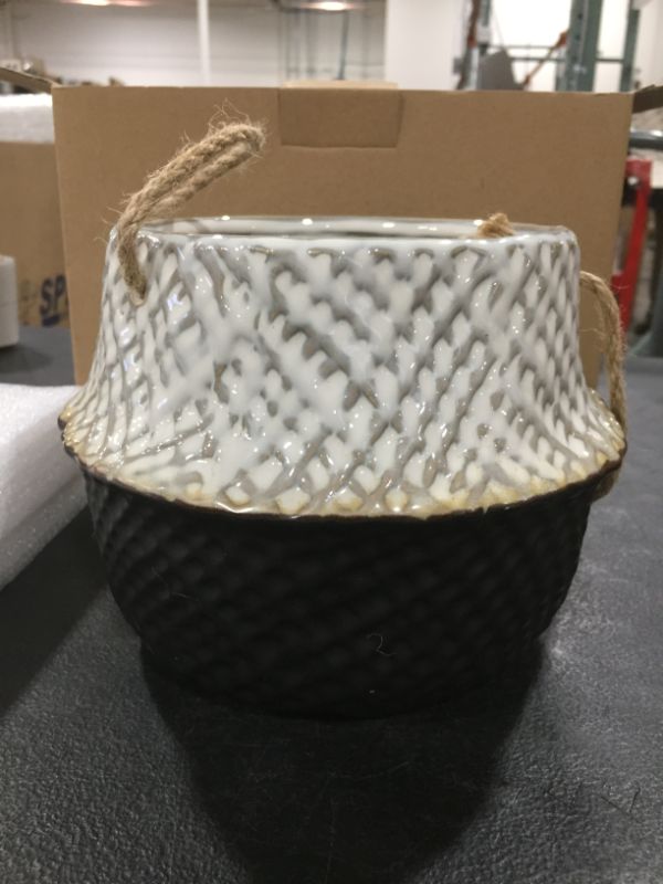 Photo 2 of 7.7 Inch Ceramic Plant Pot, Indoor Planter. Decorative Flower Pot for Indoor Plants, Woven Seagrass Belly Basket Ceramic Planter for All Indoor Plants, Succulents, Flowers, White/Black 