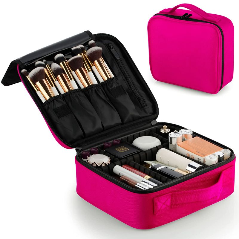 Photo 1 of A&A Travel Makeup Train Case - Small Cosmetics Bag with Adjustable Dividers Suitcase Toiletry Organizer Box for Women or Girls Pink
