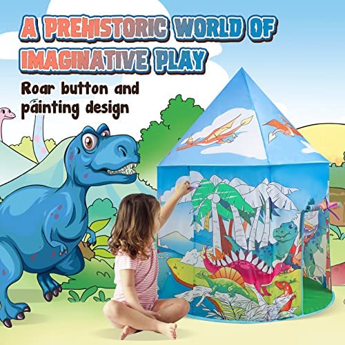 Photo 1 of Dinosaur Coloring Playhouse Play Tent, Graffiti DIY Arts and Crafts Painting Drawing Doodle Teepee, Dinosaur Toys with Roar Button Indoor Outdoor Gift for Kids Girls Boys Kids 3-8