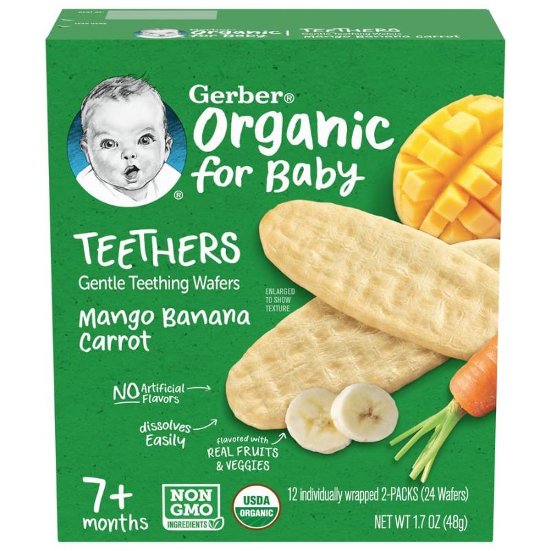 Photo 1 of Gerber Snacks for Baby Teethers, Organic Gentle Teething Wafers, Mango Banana Carrot, 1.7 Ounce, 12 Count Box EXP. SEP 28 2022
