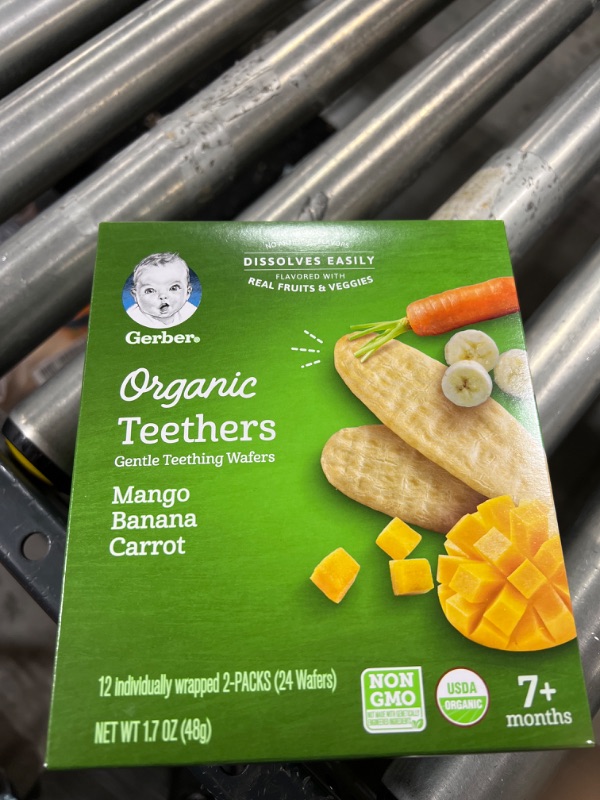 Photo 2 of Gerber Snacks for Baby Teethers, Organic Gentle Teething Wafers, Mango Banana Carrot, 1.7 Ounce, 12 Count Box EXP. SEP 28 2022
