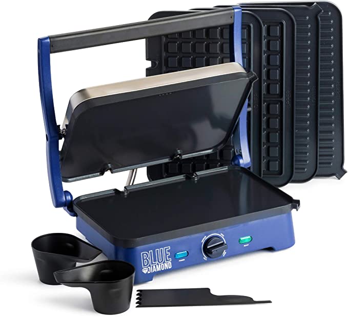 Photo 1 of Blue Diamond Ceramic Nonstick, Electric Contact Sizzle Griddle with Grill and Waffle Plates, Open Flat Design, Dishwasher Safe Removable Plates, Adjustable Temperature Control, PFAS-Free, Blue
