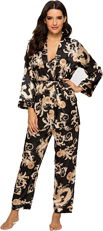 Photo 1 of Escalier Women's Silk Satin Pajamas Set 3 Pcs Floral Silky Pj Sets Sleepwear Cami Nightwear with Robe and Pant
XL