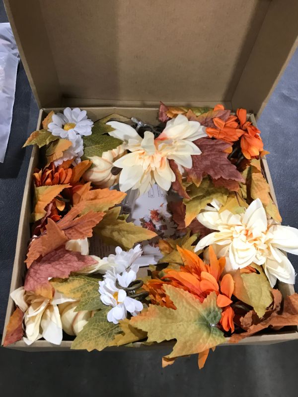 Photo 1 of Autumn Fall Wreath with 20 Lights, 19.7inch Halloween Wreath, with Pumkin, Daisy, Chrysanthemums, Maple Leaves for Christmas Decorations Thanksgiving Gift, Fall Wreath for Halloween Decoration
