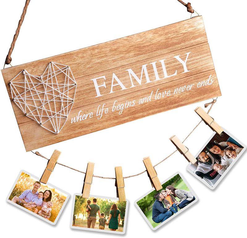 Photo 1 of CHIVENIDO Family Clip Photo Holders - Rustic Wooden Photo Frame, Hanging Photo Display Board, Wall Sign Decor, Family’s Picture Frame with Clips and Twine for Living Room, Bedroom, Home Decor
