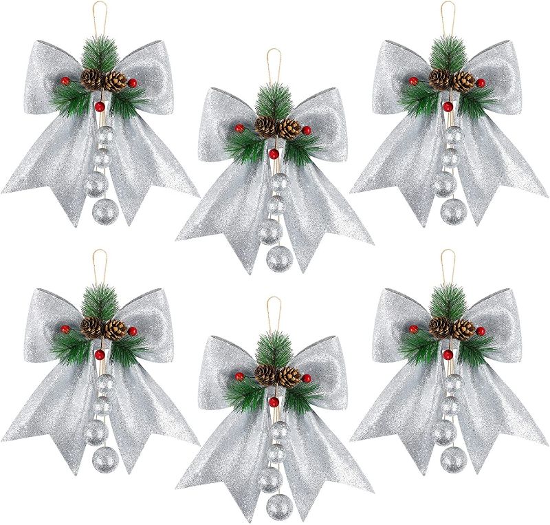 Photo 1 of ANECO 6 Pack Christmas Bows Snowflake Christmas Wreath Bow Xmas Decoration Bows for Christmas Party Decoration, Silver, 10 x 12 Inches
