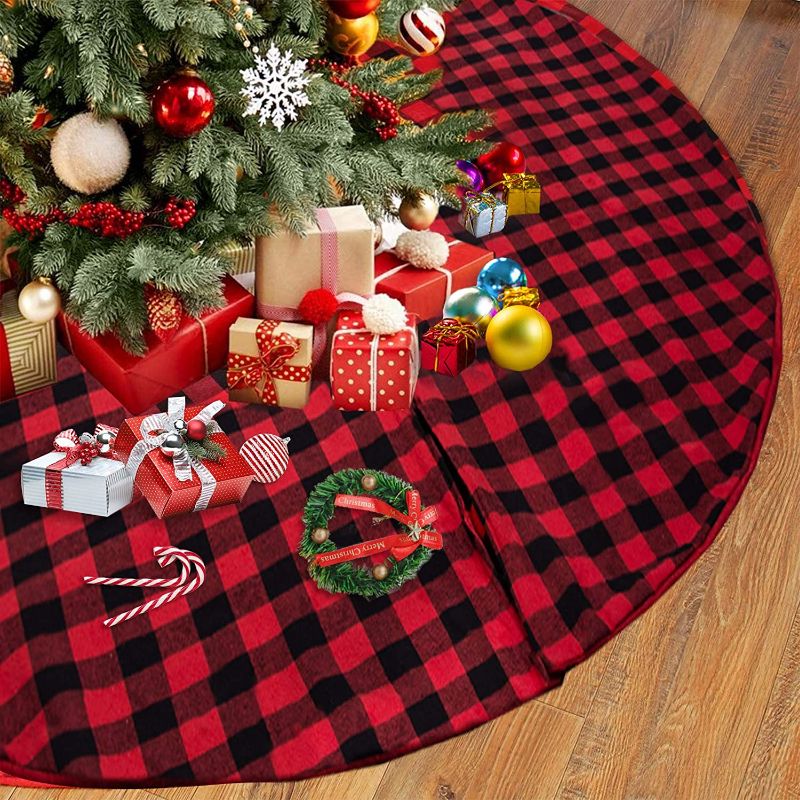 Photo 1 of 48 Inch Large Buffalo Red Plaid Christmas Tree Skirt - Black and Red Checked Christmas Tree Skirts Double Layer Tree Skirt for Holiday Party Mat Decorations
