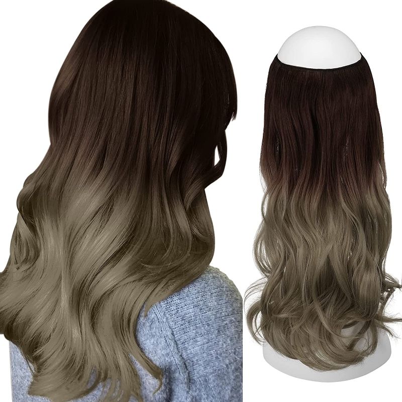 Photo 1 of Sofeiyan Curly Wavy Halo Hair Extensions 18 Inch Synthetic Hairpieces Invisible Secret Wire Crown Hair Extensions for Women No Clip, Brown to Ash Blonde
