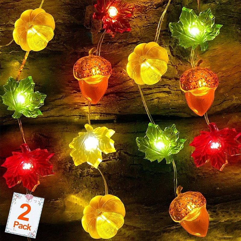 Photo 1 of 2 Pack 3D Pumpkin Maples Acorns String Lights Thanksgiving Decor, 20Ft 60 LED Thanksgiving Lights Battery Operated Warm White Fall Garland with Lights Decorations for Indoor Thanksgiving Harvest
