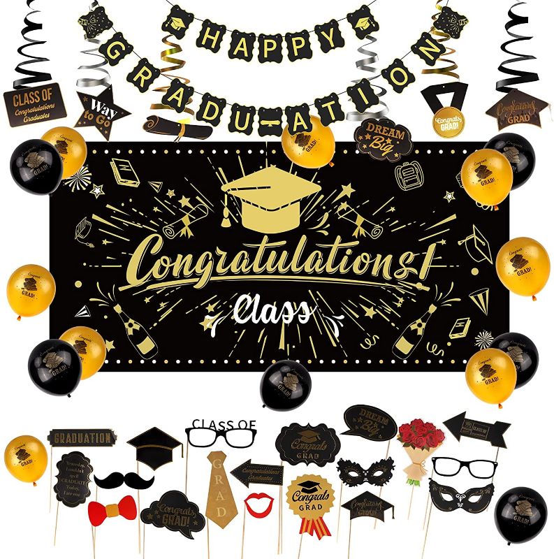 Photo 1 of 2 PACK!!! Graduation Decorations 2021 Graduation Party Decorations 59PCS Graduation Party Supplies 2021 Best Graduation Gift Party Include Backdrop, Balloons, Photo Selfie Props, Bunting Banner, Hanging Swirls
