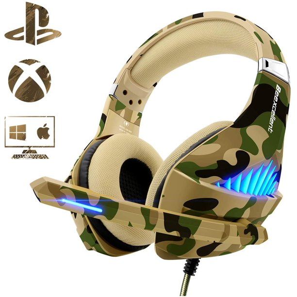 Photo 1 of Gaming Headset for PS4 Xbox One PC, Beexcellent Deep Bass PS4 Headset with Noise Immunity Mic, LED Light, Friction-Reduction Cable, High Comfort Earmuff-Camo
