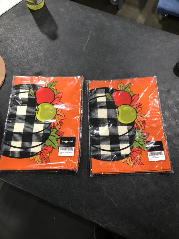 Photo 2 of 2 PACK! Mogarden Fall Thanksgiving Garden Flag, Double Sided, 12.5 x 18 Inches, Buffalo Check Plaid Thick Weatherproof Burlap Small Welcome Autumn Pumpkin Yard Flag
