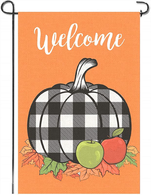 Photo 1 of 2 PACK! Mogarden Fall Thanksgiving Garden Flag, Double Sided, 12.5 x 18 Inches, Buffalo Check Plaid Thick Weatherproof Burlap Small Welcome Autumn Pumpkin Yard Flag
