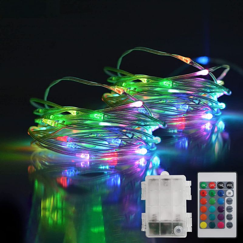 Photo 1 of 2 PCS Battery Operated String Lights, 16.4 Ft 50 LED Outdoor String Lights Clear Flexible Cable IP68 Full Waterproof RGB Multi-Color Fairy Christmas Lights for Bedroom Party Holiday Garden Decoration
