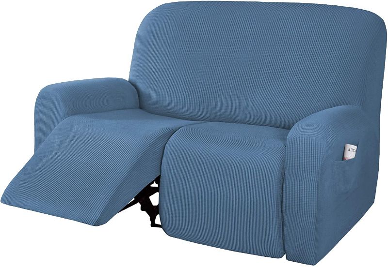 Photo 1 of 1 Piece Recliner Sofa Covers Stretch Reclining Couch Covers for 2 Cushion Couch Furniture Protector Feature High Spandex Textured Small Checks with Elastic Bottom Washable(Loveseat, Dusty Blue)
