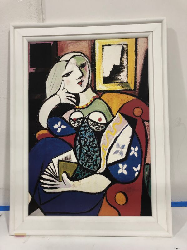 Photo 1 of Pablo Picasso Woman With Book Print Style MultiColored Artwork Approx H 47 x W 35 Inches Framed in White