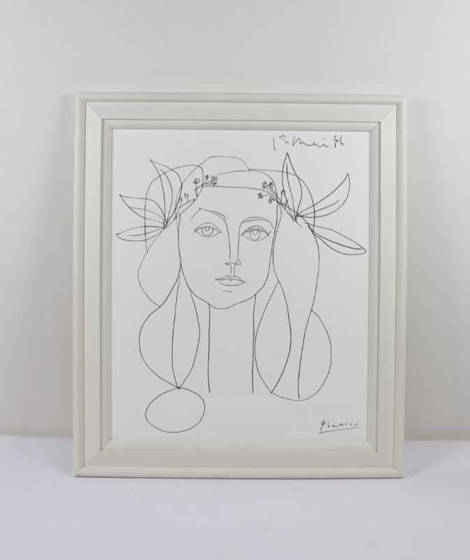 Photo 1 of Pablo Picasso Visage Lay Modern Black  White Print Style Artwork ApproxH 42 X W 37 Inches Framed in White
